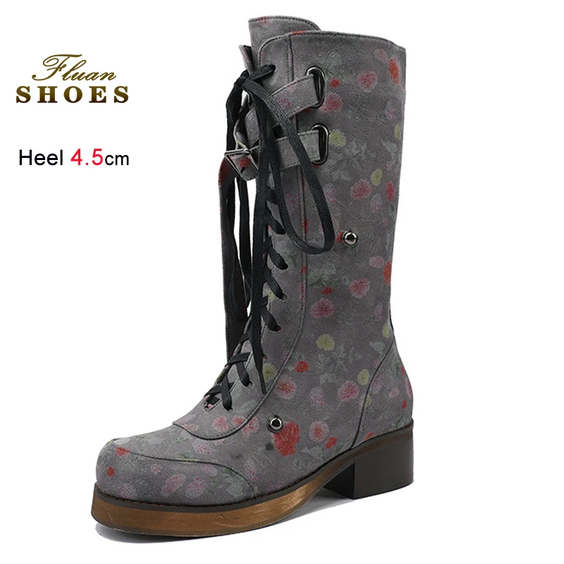 

2025 Fashion Grey Rivet Autumn Winter Print Women's Mid-Calf Boots Round Toe Chunky Heels 4.5cm Lace Up Ladies Boots Size 35-43