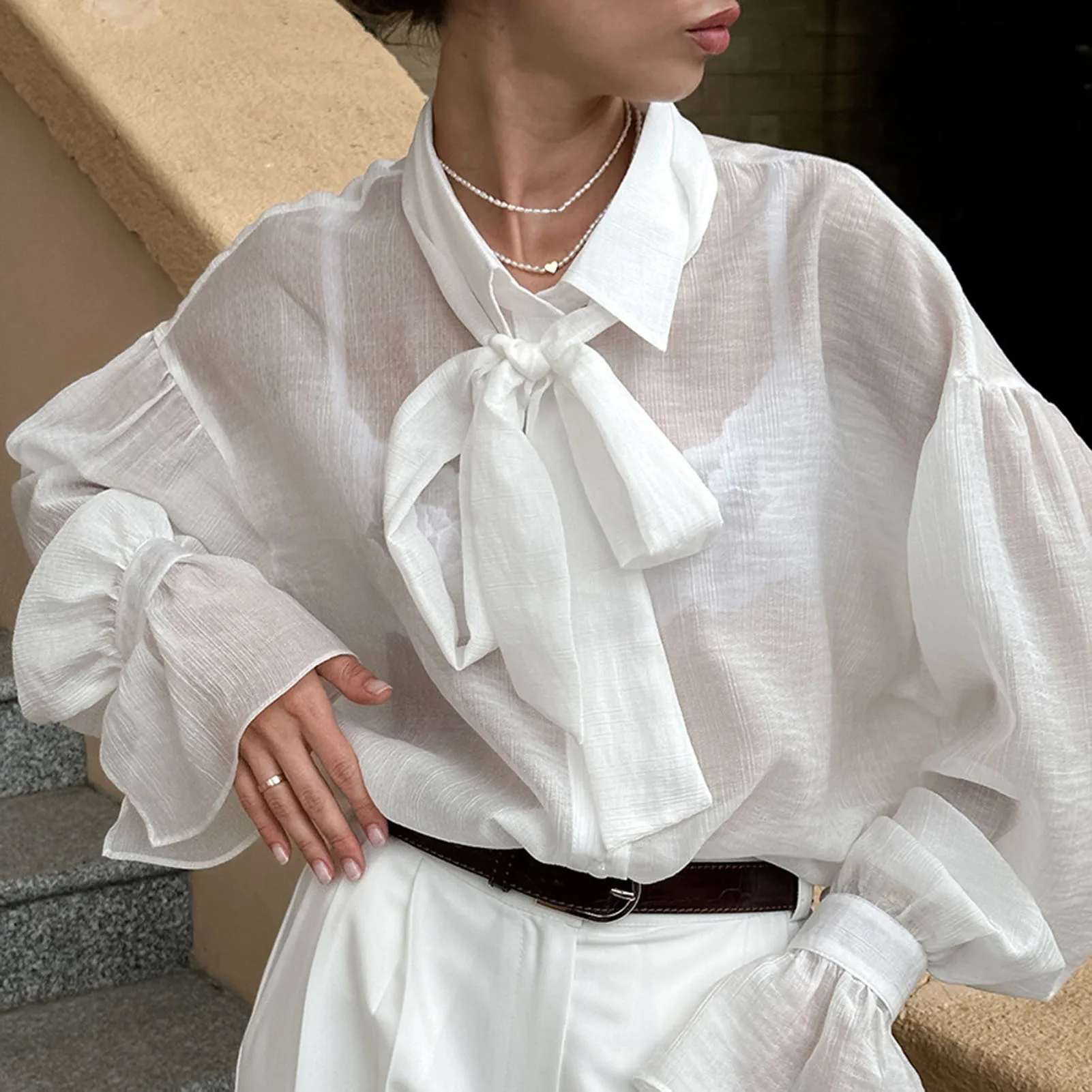 

2025 Women See-through Shirt Blouse Bow Tie Collar Flared Long Sleeve White Summer Clothing Modern Girl Tops Streetwear Shirt ﻿
