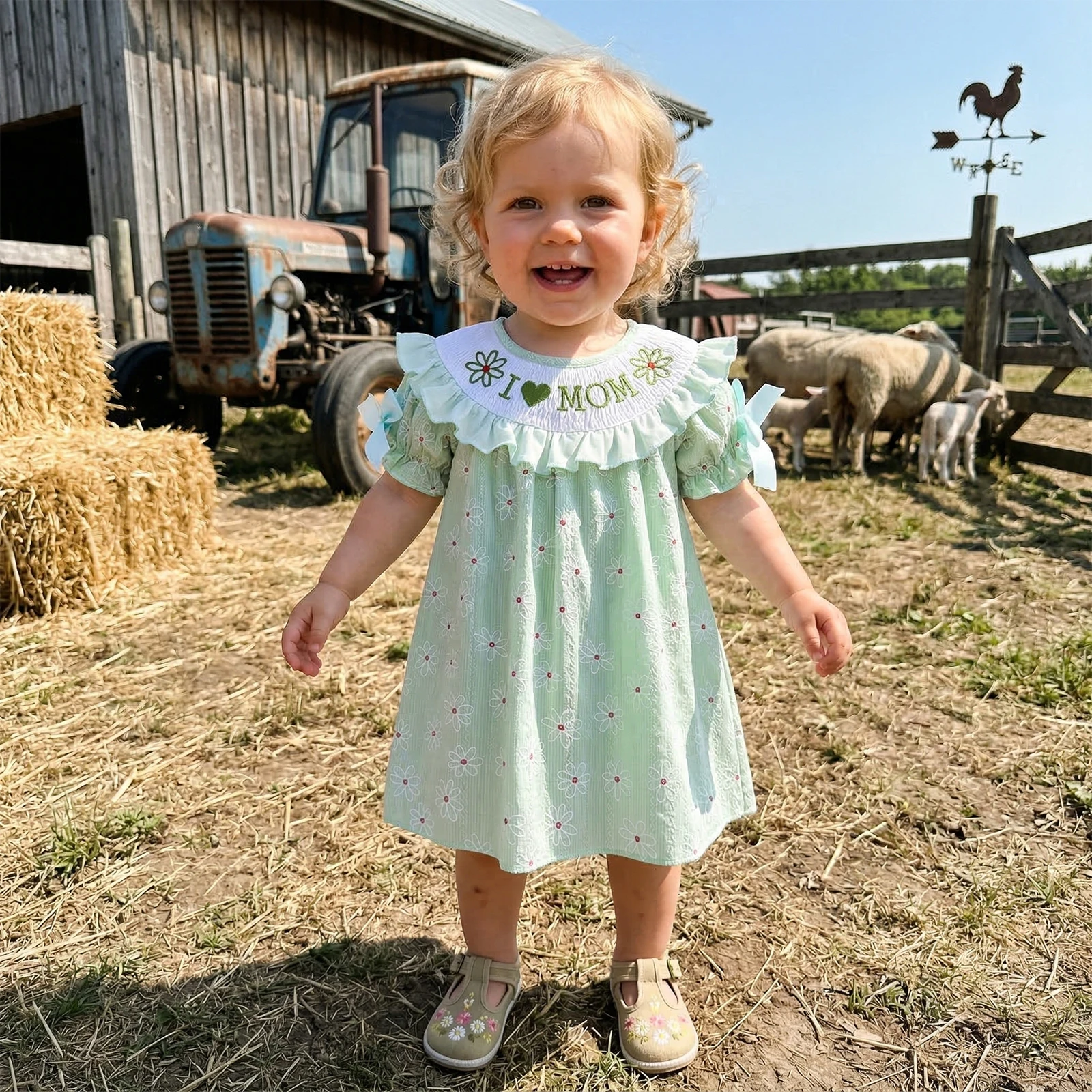 0-5Y Little Girls Summer Casual Dress Adorable Letter Heart Embroidery Short Sleeve Round Neck Princess Dresses