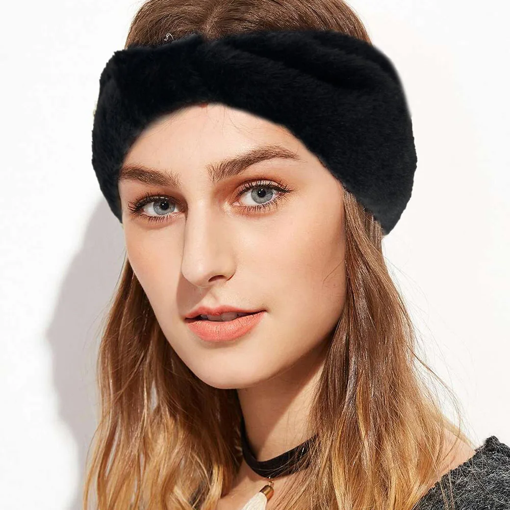 Winter Warm Soft Faux Fur Wide Headbands Winter Ear Warmer Bowknot Fluffy Hairband Elastic Turban Women Girl Hair Accessories