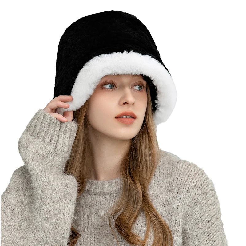 

CX-C-368 Classic Design Knitted Fluffy Genuine Rex Rabbit Fur Bucket Hat