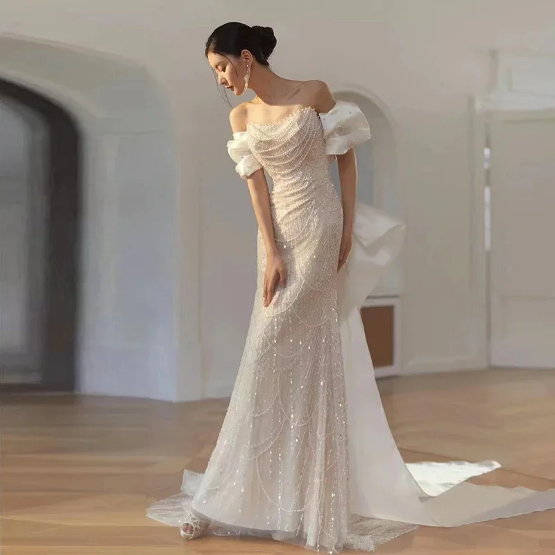 2025 Vestidos de noche elegantes y brillantes para mujer, vestidos de fiesta de cumpleaños con lazo y lentejuelas de perlas de gama alta, batas formales