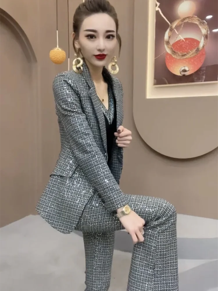 

Glitter Two Piece Set Pants for Women Outfit Blazer and Plaid Black Womens 2 Pant Sets Trouser Suit Classy 2025 New