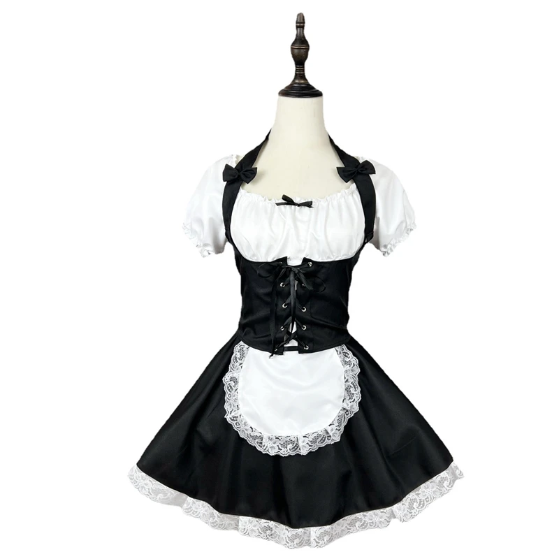 Anime Meid Cosplay Kostuum Zwart Wit Japanse Lolita Outfit Hangende Hals Vierkante Hals Bubble Mouw Taille Cinch Mini Jurk