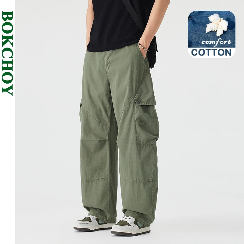 2026 Spring Summer New Straight Multi-pockets Cargo Pant for Men Comfort Cotton Drawstring Pants GF261233