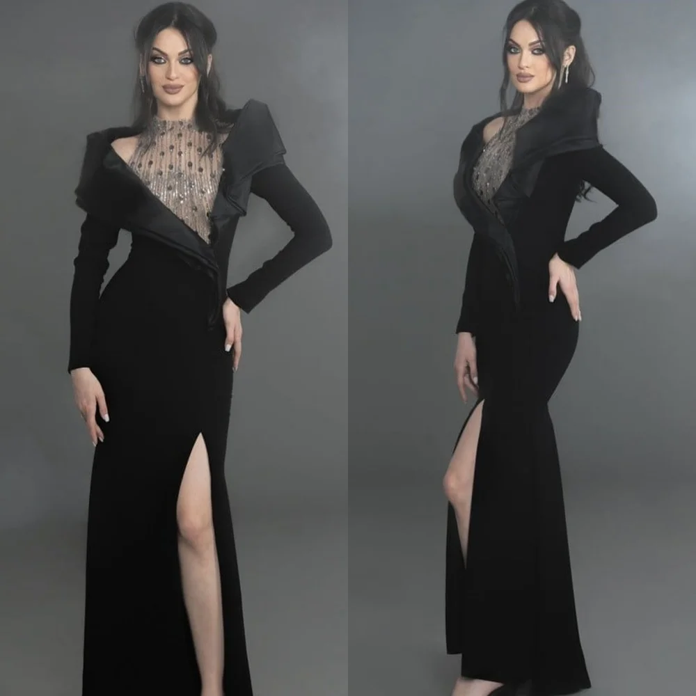 Customized Elegant Exquisite Jersey Sequined Pleat Trumpet High Collar Long Dresses Bespoke Occasion Classic