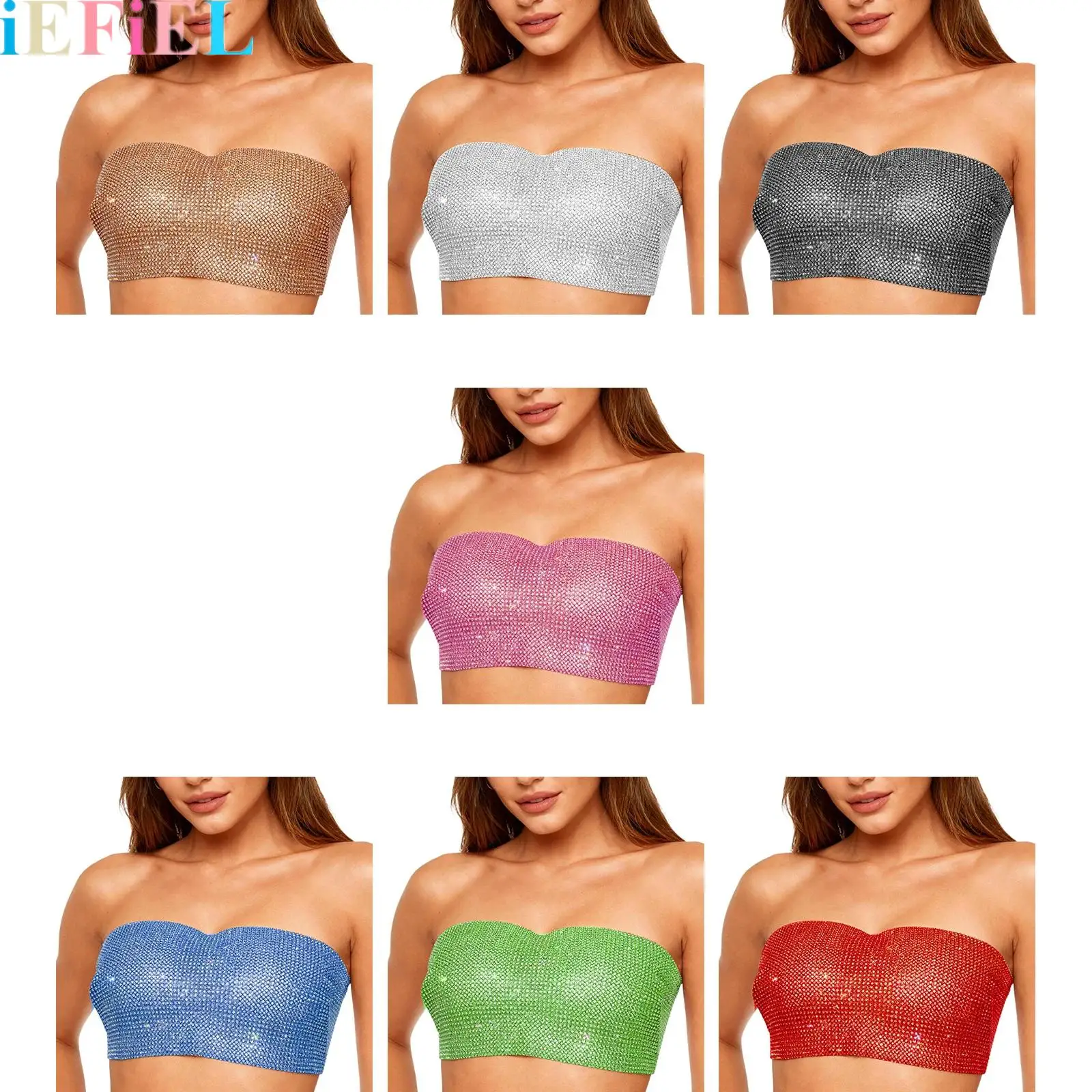 

Women Strapless Sparkly Rhinestone Tube Crop Top for Adjustable Tie Up Style Chest Wrap Tank Top Club Outfits