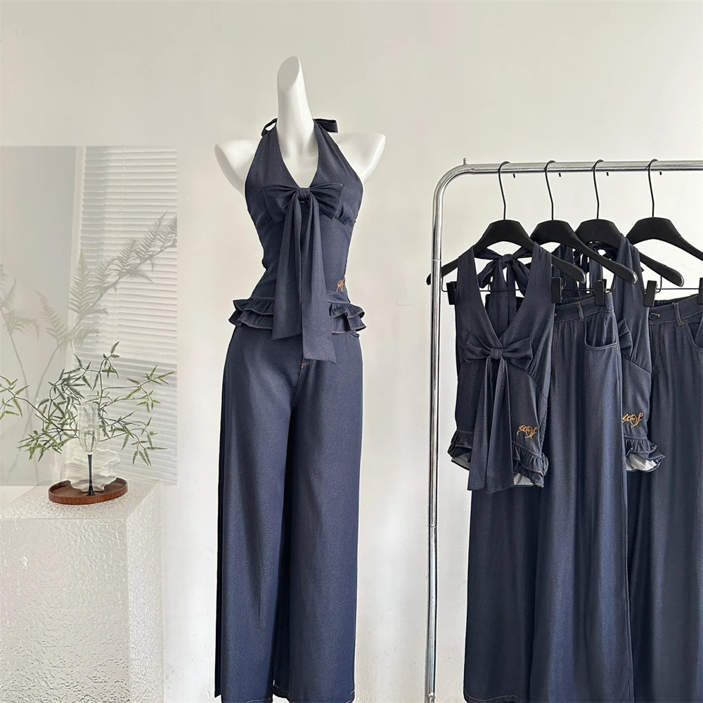 

Summer Women French Old Money Vacation Gyaru Coquette Backless Denim Outfits 2 Piece Pants Set Halter Top + Jean Long Trousers