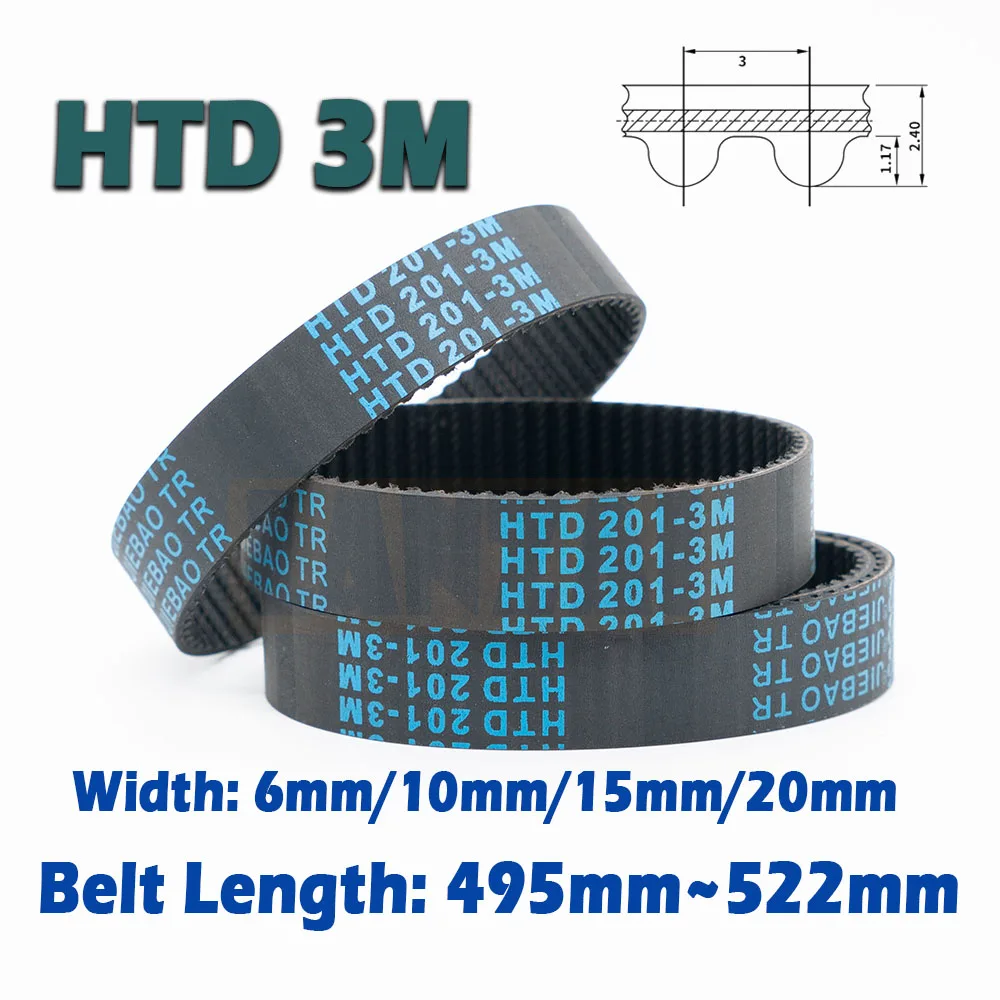 HTD3M Closed Loop Timing Belt Rubber Drive CNC 495 498 501 504 507 510 513 516 519 522mm 3M Length 495~522mm Width 6/10/15/20mm