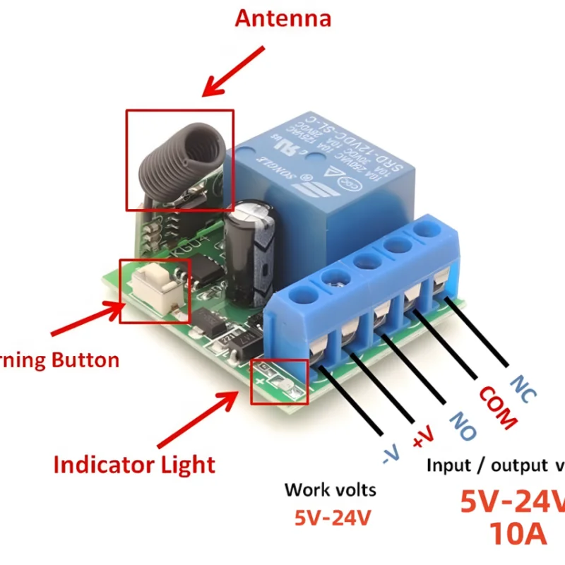 สวิตช์ควบคุมระยะไกลประตูแบบสากล433MHz DC12V ที่เปิดประตูโรงรถ10A 15V โมดูลเล็กรีโมทคอนโทรลสำหรับล็อคแม่เหล็กไฟฟ้า