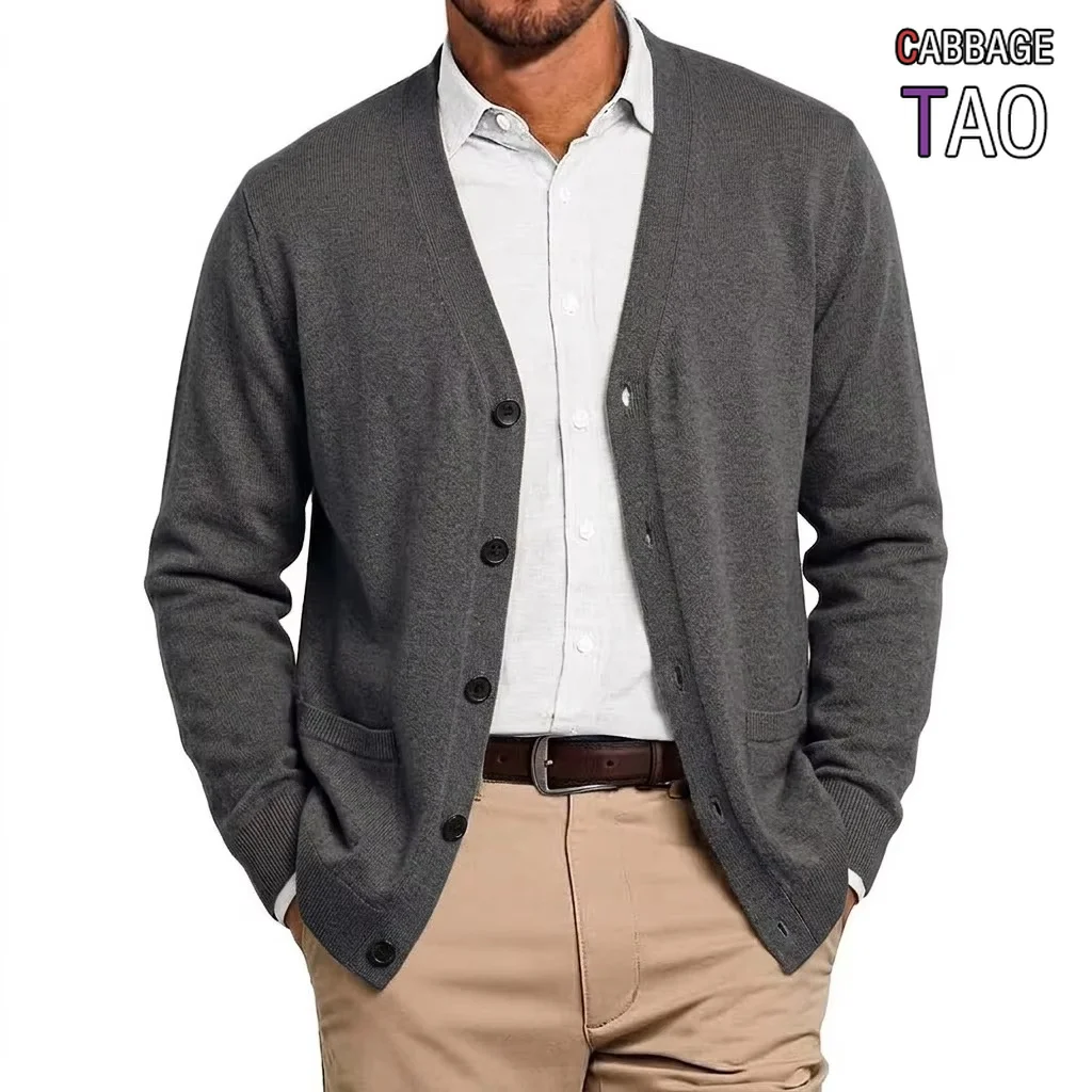 Mens VNeck Open Cardigan Jumper Button Front Knit Apparel Long Sleeve Knit Sweat Tops with Pockets Outer Garment for Males