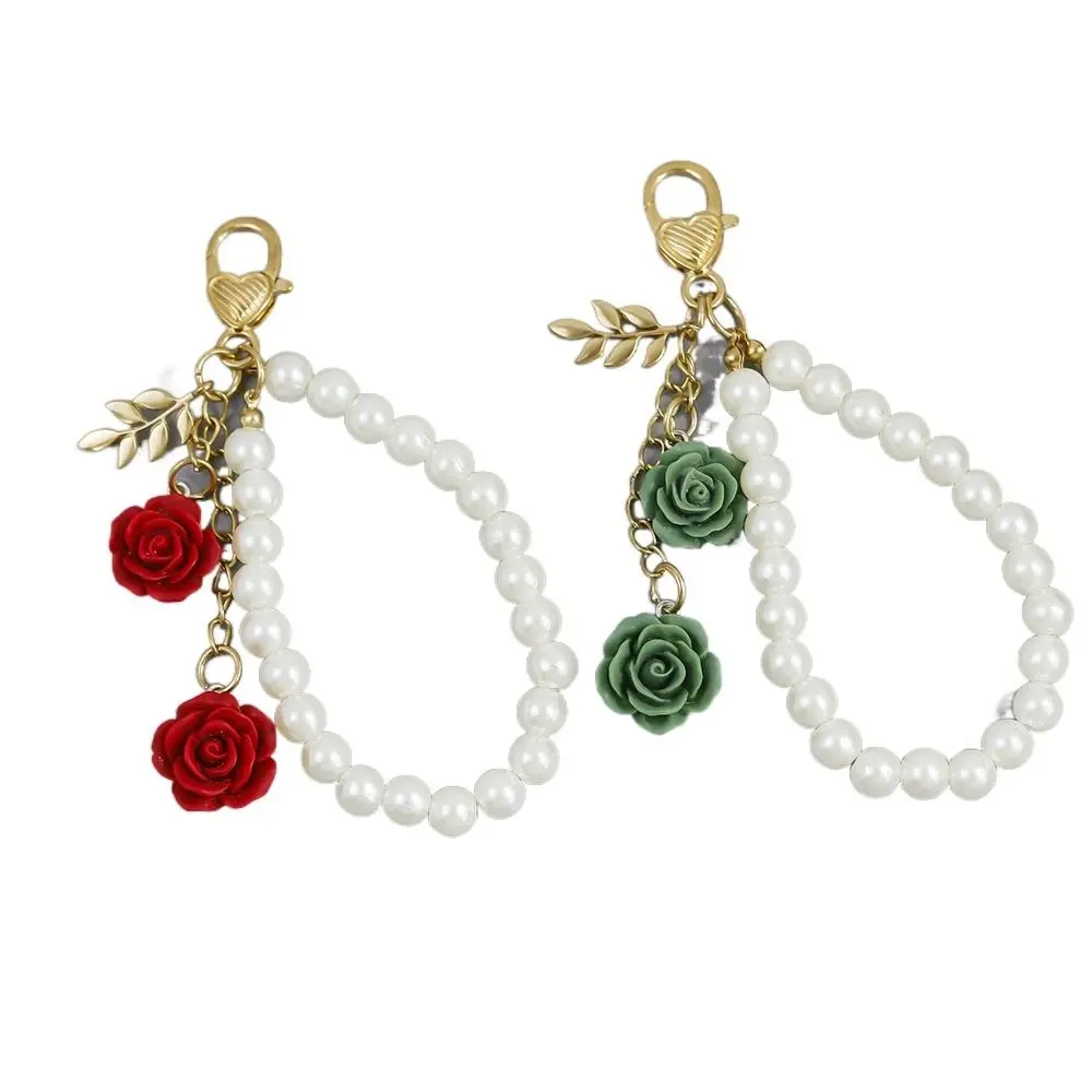 2024 3D Rose Keychain Pearl Leaf Bag Pendant Metal Elegant Keyring Handbag