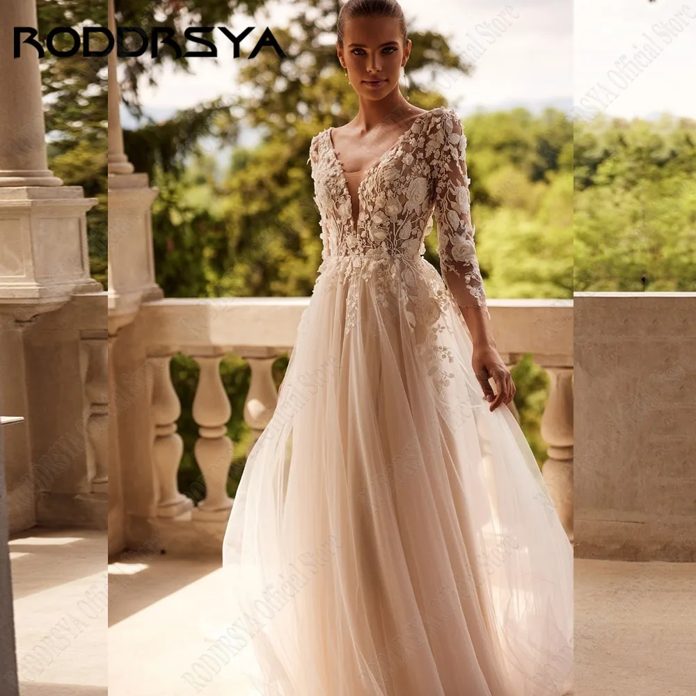 RODDRSYA personalizzato scollo A V una linea abiti da sposa 2025 sposa pizzo 3/4 manica Backless fiori abito da sposa Vestidos De NoviasRODRSYA Customized V Neck A Line Abiti da sposa 2025 Bride Lace 3/4 Manica Backles