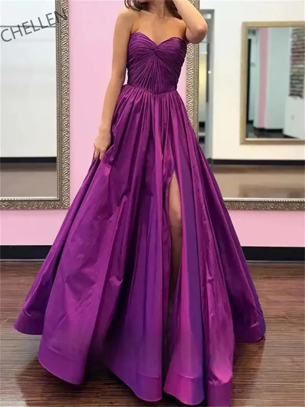 

Customized Taffeta Purple Cascading Ruffle Side Split A-Line Prom Dress Vestidos De Noche Floor-Length Formal Evening Dress