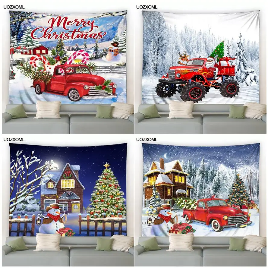 

Christmas Tapestry Red Truck Xmas Tree Snowman Winter Forest Landscape New Year Holiday Home Living Room Decoration Wall Hanging