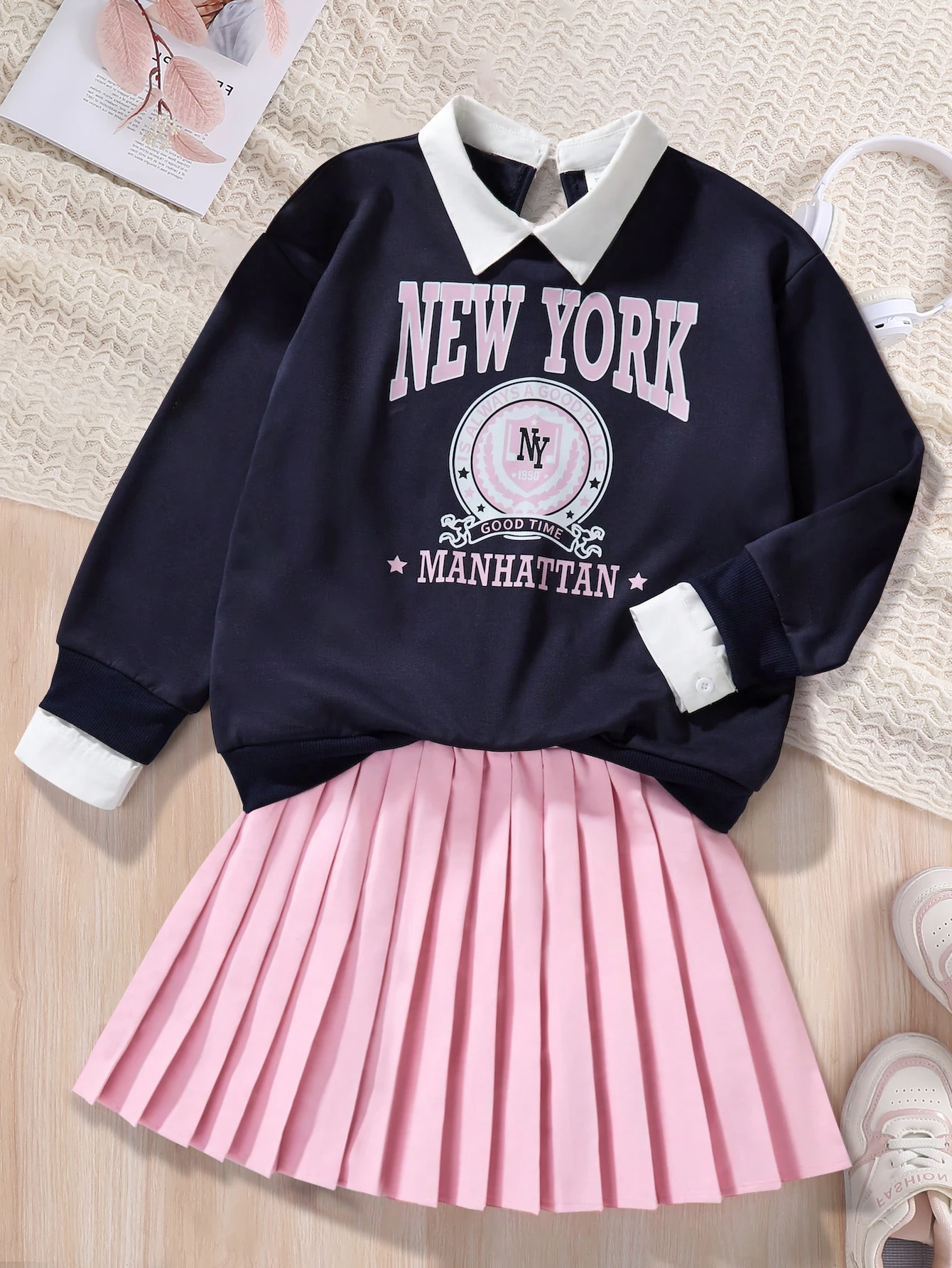 Children\'s Spring and Autumn Fashion Cute Girls\' Two piece Set with Letter Printed Collar Long Sleeve+Half body pleated Skirt