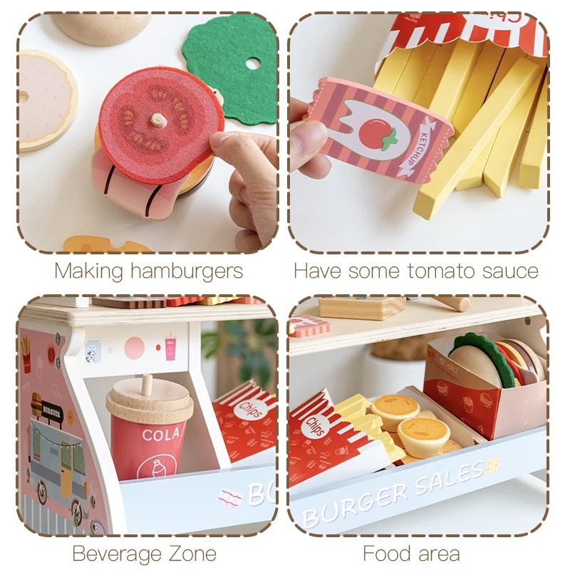 ชุดของเล่นอาหารฟาสต์ฟู้ดแฮมเบอร์เกอร์ไม้ - เหมาะสำหรับเด็กเล่นบทบาทสมมติในครัว ฝึกทักษะการเคลื่อนไหวอย่างละเอียด และการเล่นแบบสังคม