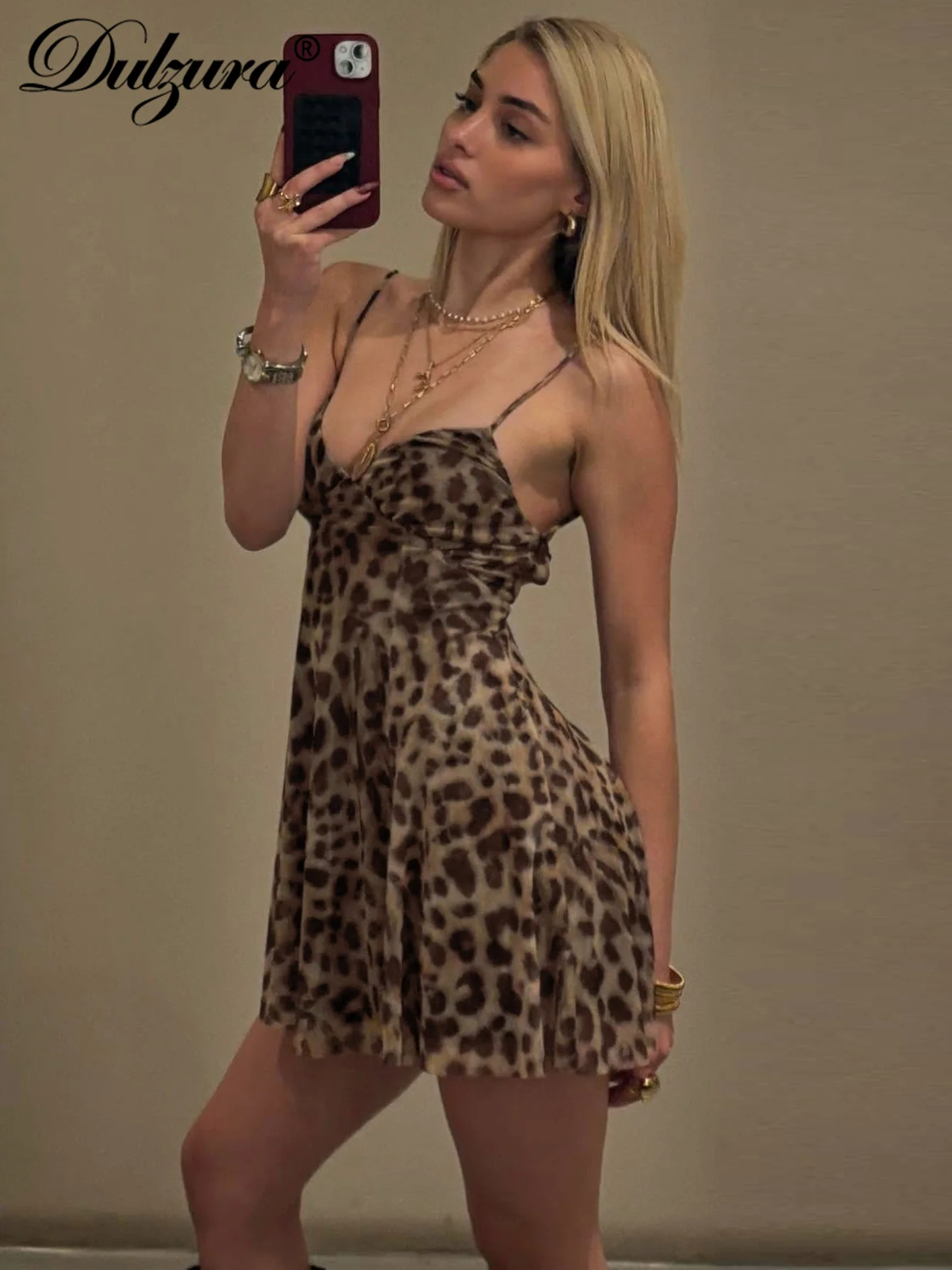 Dulzura بلا أكمام عارية الذراعين سليم الدانتيل يصل ليوبارد طباعة شبكة كامي فستان قصير مثير أنيق فستان كاجوال نادي الحفلات ملابس الصيف