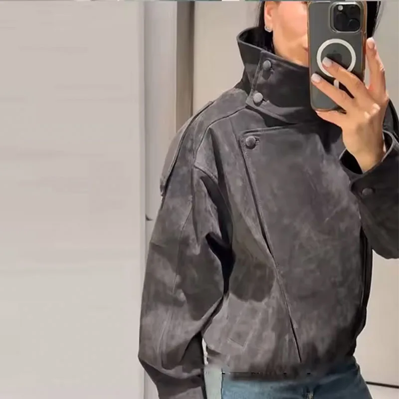 Women's dark gray leather-textured biker jacket with an asymmetrical front  buttoned stand collar elastic hem and vintage street
