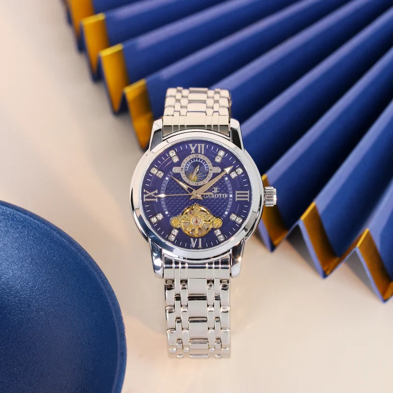 

Мужские серебристо-синие стальные ремешки, стильные модные полностью автоматические механические часы со шкалой фазы луны