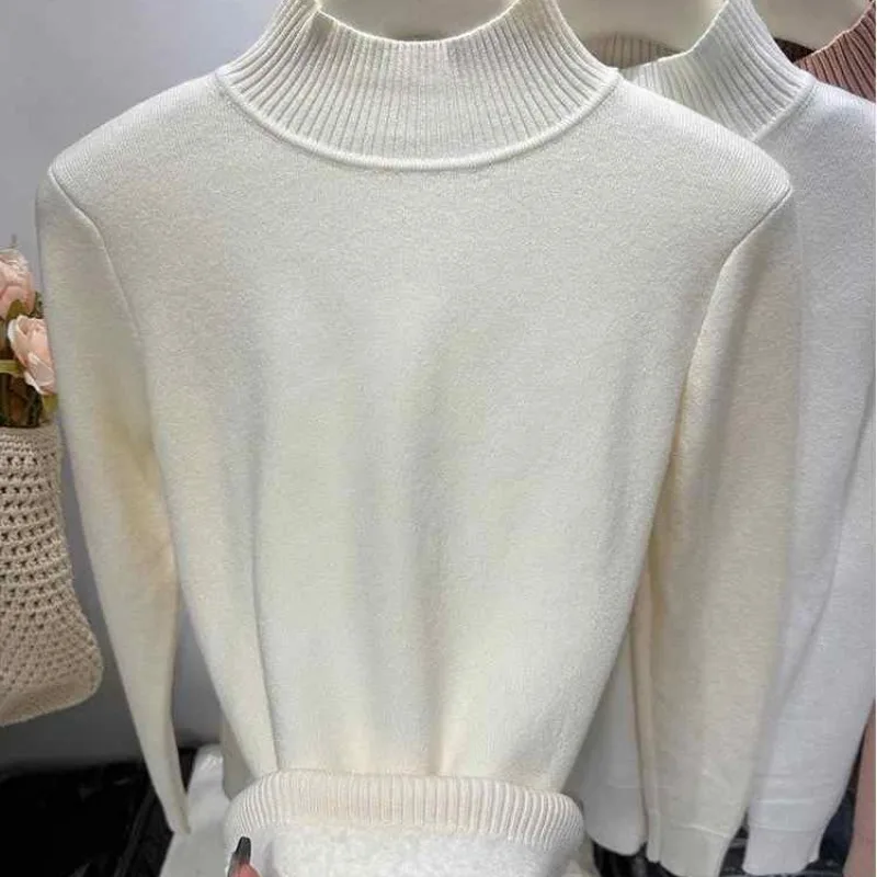 محبوك سترة المرأة البلوفرات الجديدة طويلة الأكمام وهمية الرقبة الصوف مبطن سميكة متماسكة سترة البلوز النساء بلايز البلوزات Q1133