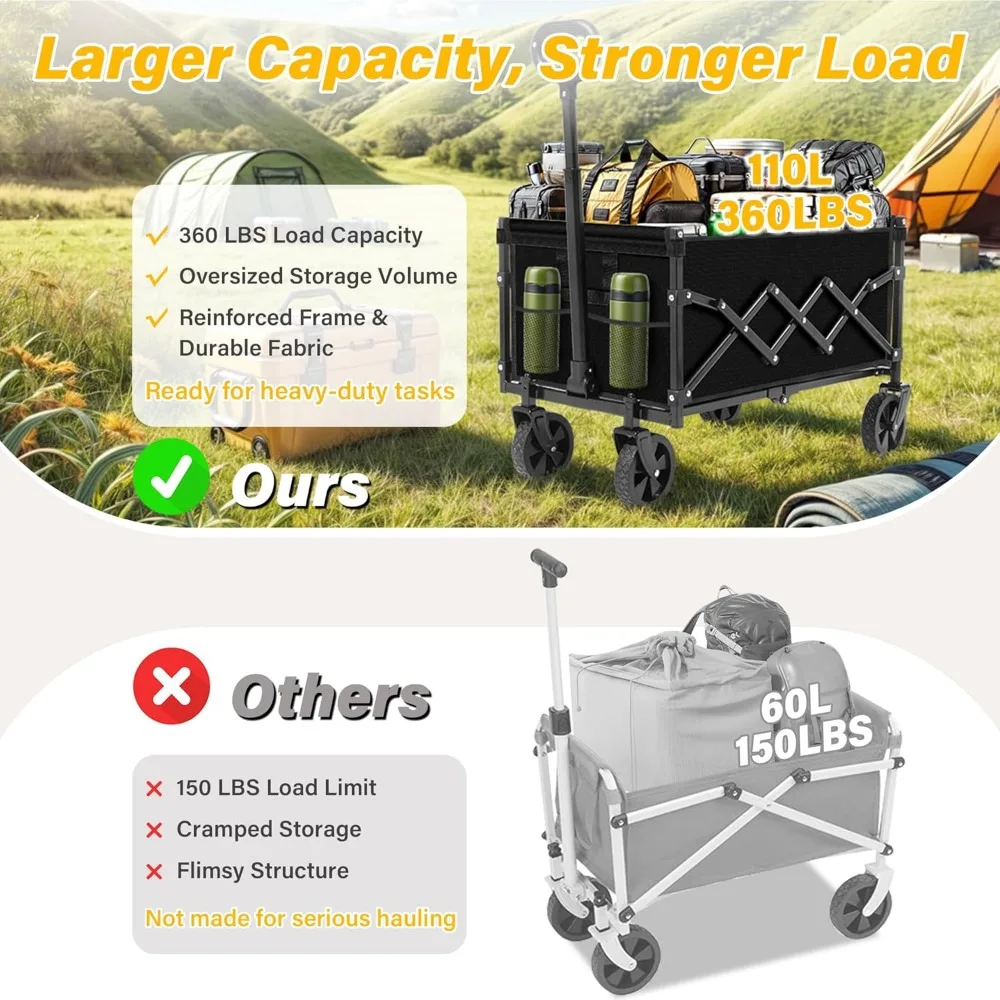 Carro plegable todo terreno con capacidad de 360 LBS, 2 portavasos, portátil para playa, camping, jardín