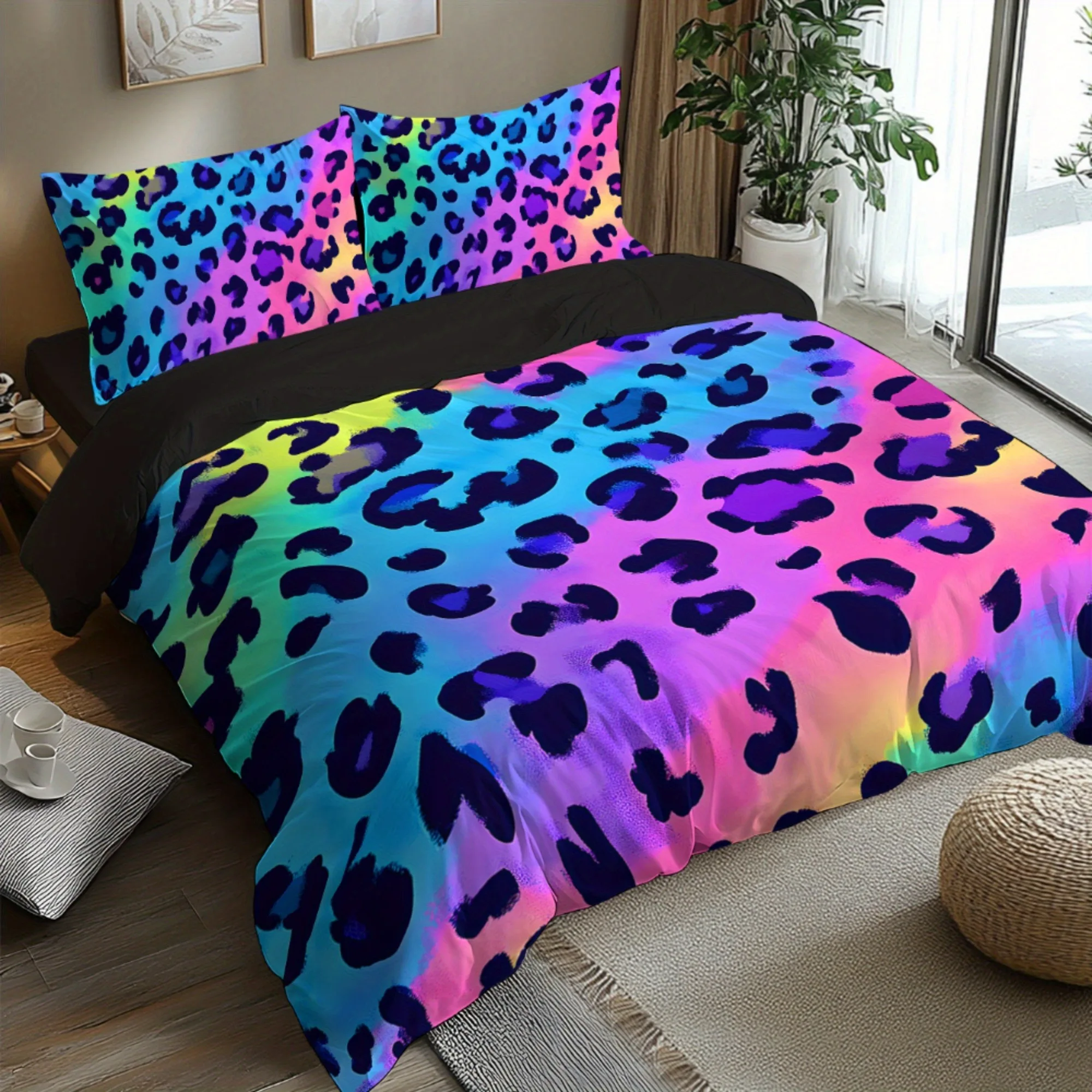 Neon Rainbow Gradient Leopard Print Bedding Set Black Reverse Duvet Cover Colorful Cheetah Spots Quilt Cover Pillowcases