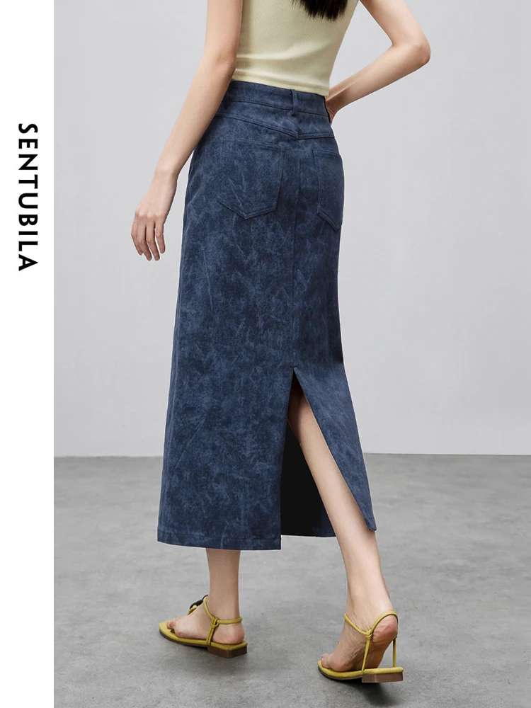 SENTUBILA Women Tie Dye Denim Skirt Female 2024 Summer Simple Commute Comfortable Cotton Blend Straight Midi Skirts 142Q54084