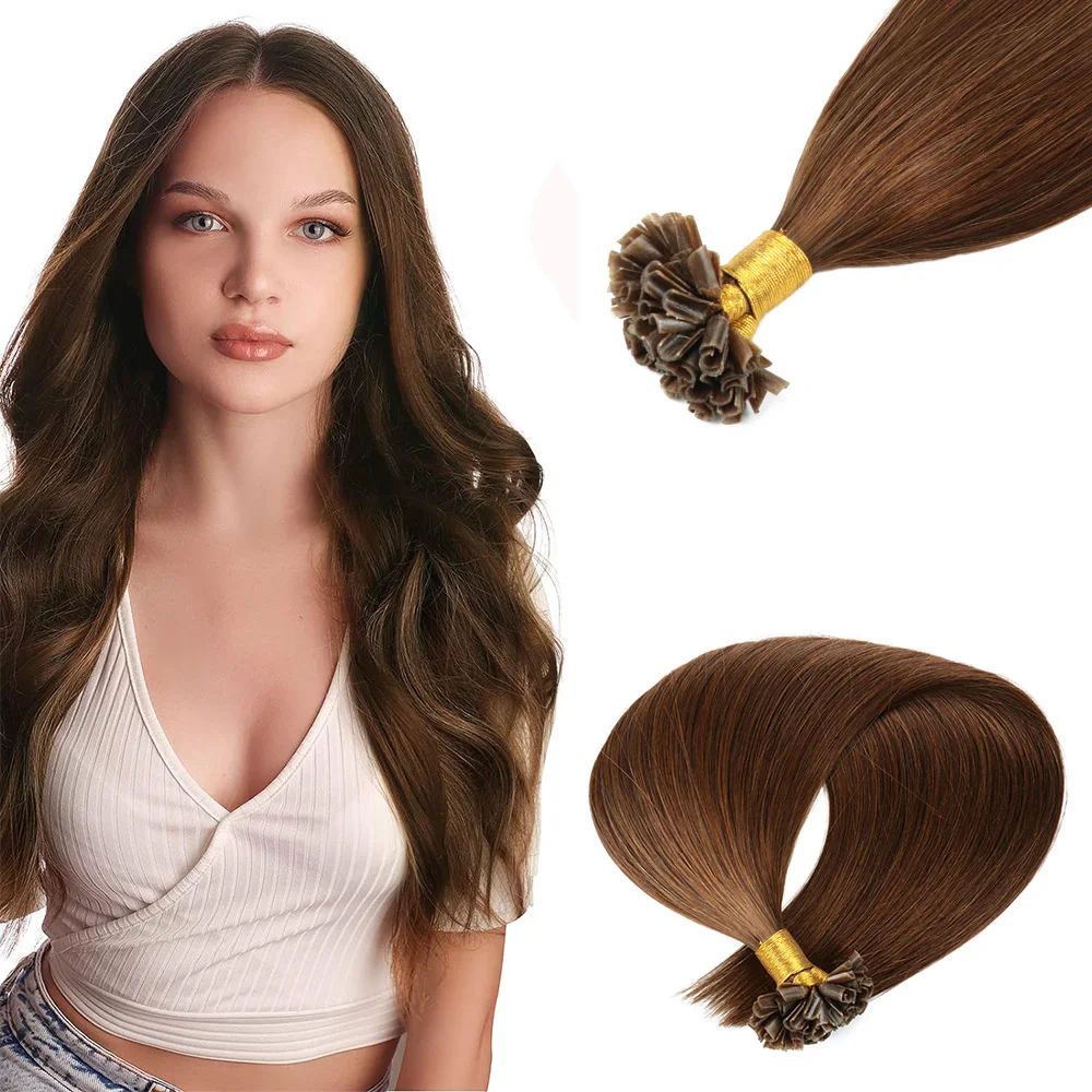 Straight U-Tip extensões de cabelo, cabelo humano, cabelo remy, castanho chocolate, cabelo prego, #4, 100 fios por pacote