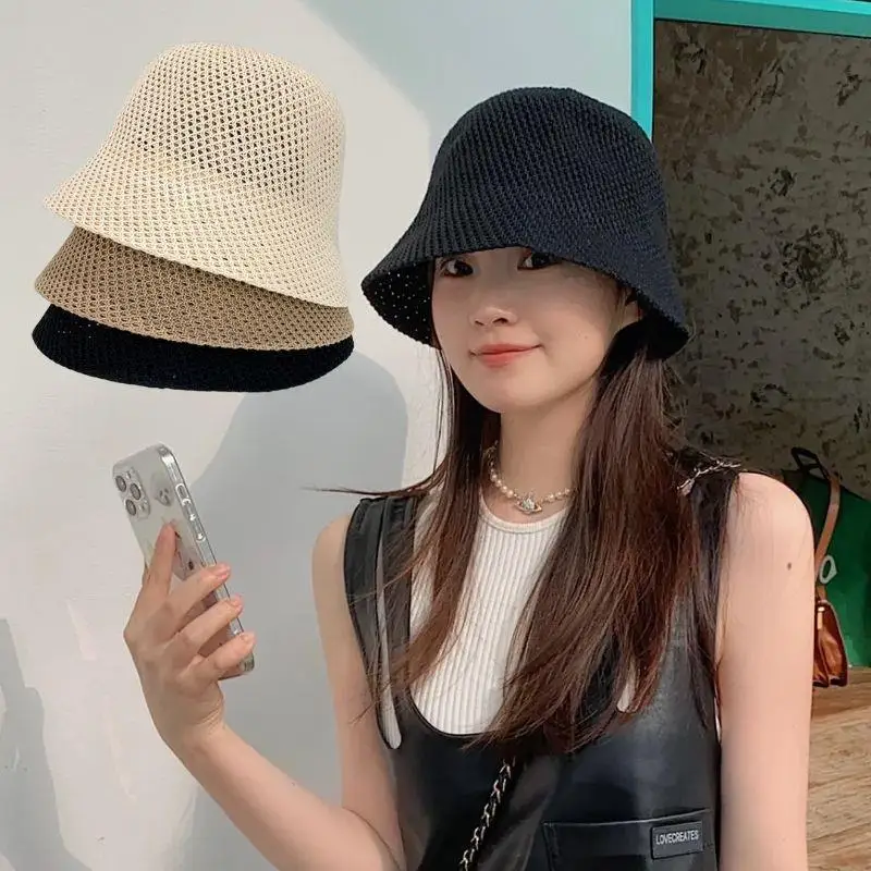 

Outdoor Sunscreen Woven Beach Cap Wide Brim Thin Knitting Bucket Hat Hollow Out Breathable Sun Hat Foldable Mesh Fishierman Cap