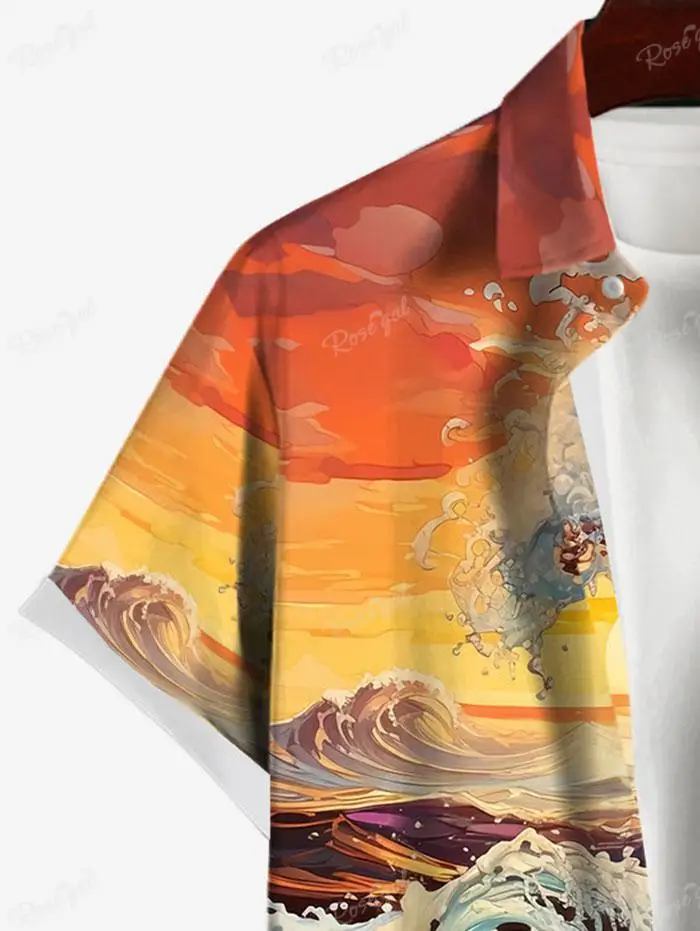 Shirt and Dress for Couples Plus Size платье женское платье женское Vacation Style Sea Waves Sunset Printed Buttons Pocket