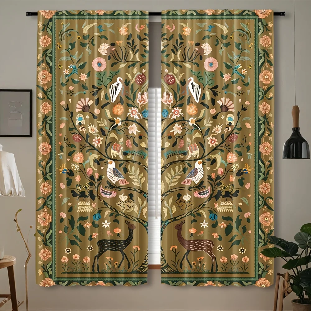 Retro Woodland Animal Floral Vine Blackout Rod Pocket Curtain Folk Chic Decor Dreamy Warm Zen Homestay Bedroom Rest Bay Window