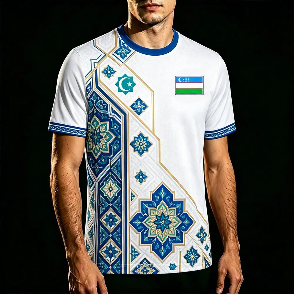 Uzbekistan Flag Print Football Jersey Men's Quick-drying And Breathable Training Uniform T-shirt Traditional Graphic O-neck Top