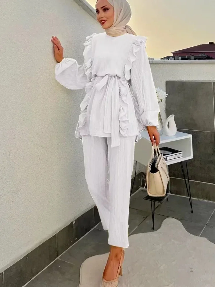 Women Eid Muslim Sets Two Pieces Kaftan Islam Ensemble Blouses Solid Ruffles Belt Wide Leg Pants Arab Casual Loose Pleated