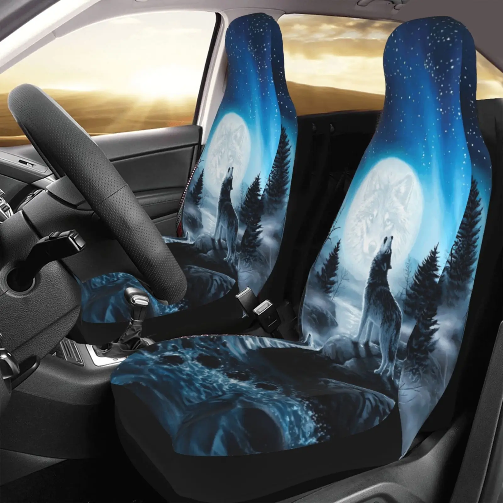 Animal Wolf and Moon Print Car Seat Cover 2 Pieces Universal Front Seat Accessories Set Seat Protector