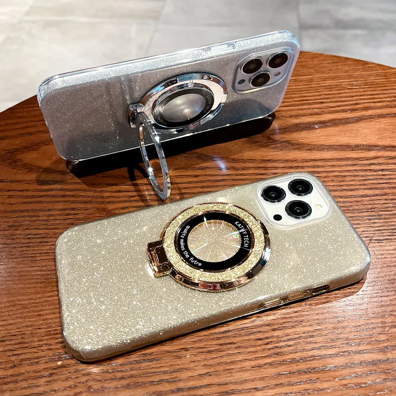 Protezione della fotocamera con obiettivo glitterato di lusso con supporto ad anello custodia magnetica per telefono con ricarica Wireless per