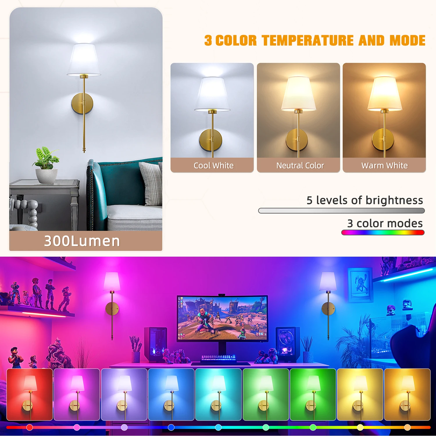 2-Pack 50Rechargeable Bulb Wall Lamp with Remote Control, No DrillingBedroom Living Room, Garage Wall Mounted Light Fixture
