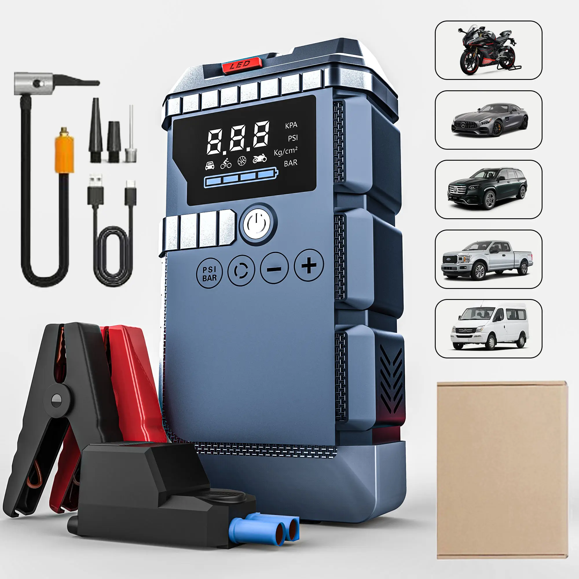Fast Charging High-Power Tire Pressure Gauge Digital Screen LED Light Truck Emergency Start Air Pump Integrated Machine