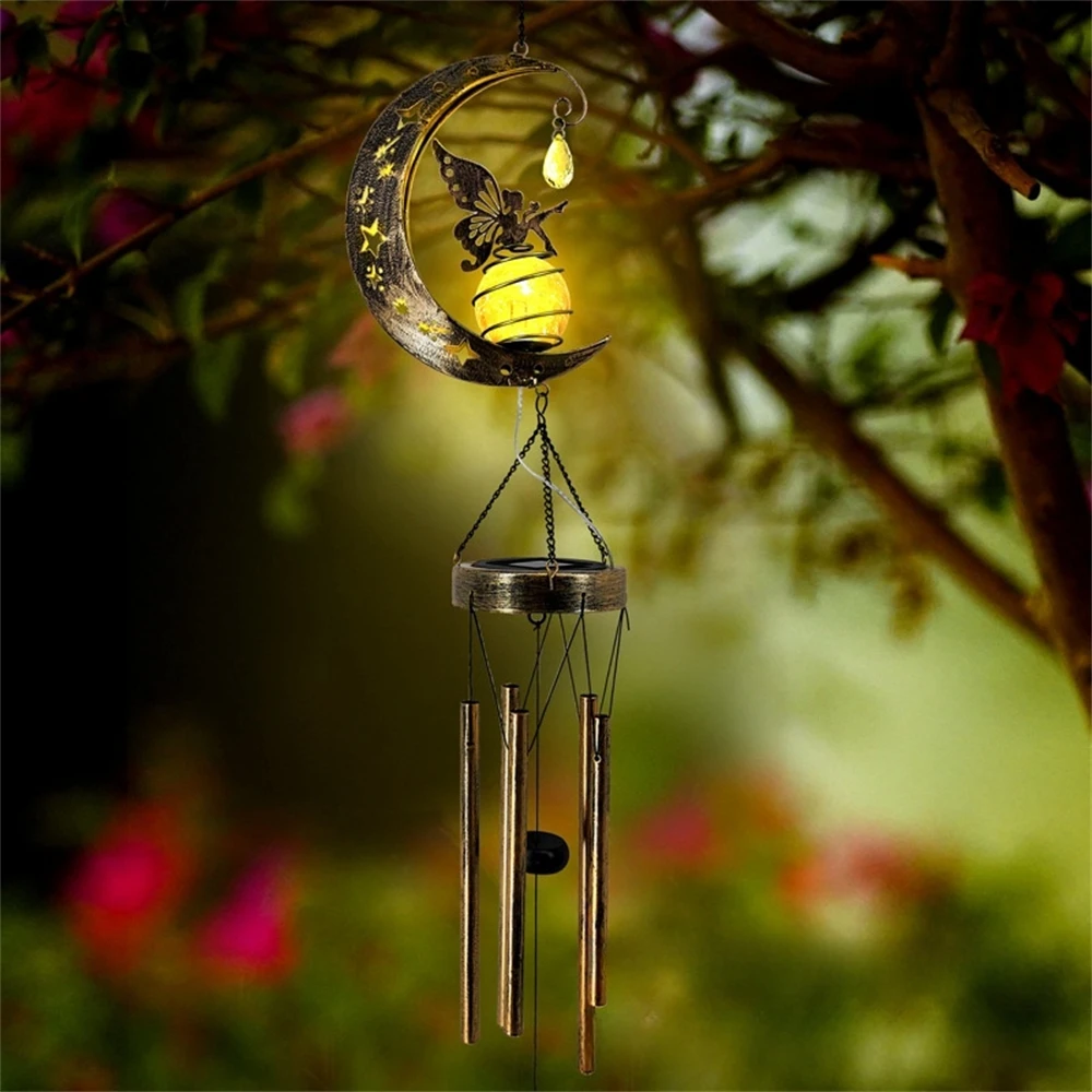 Solar Moon Fairy Wind Chimes for Outside with Crackle Glass Ball Metal Hanging Angel Decorative LED Light Gifts for Mom Women