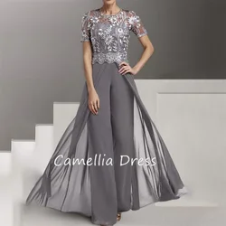 Vestido de cuello redondo para madre de la novia, traje de pantalón hasta el tobillo, apliques de gasa, Vestidos formales