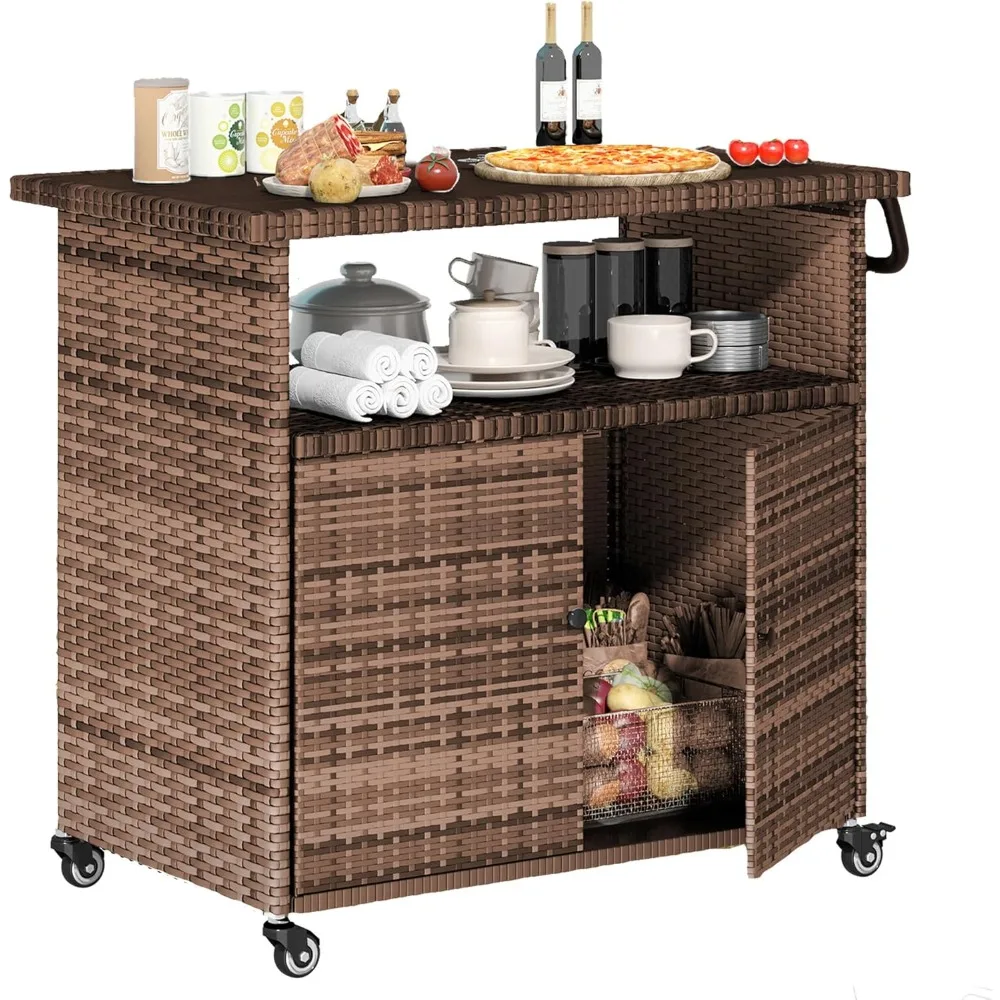 

Outdoor Grill Table with Storage Kitchen Island Prep Table Rattan Storage Cabinets Island Outdoor Grill Cart for Patio Out