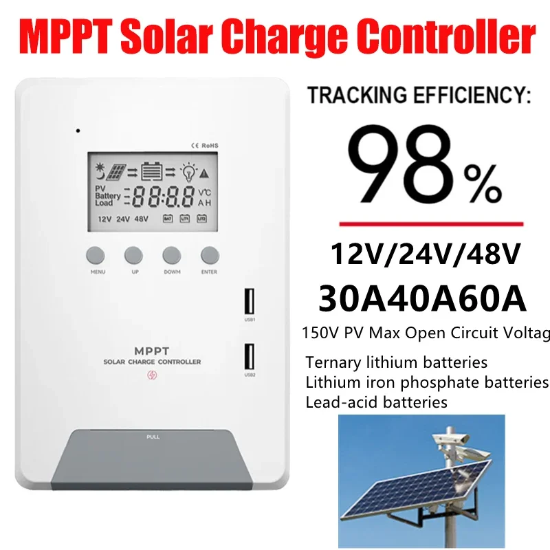 30A/40A/60A MPPT Solar Charge Controller Auto 12/24/48V LCD Screen Dual USB Intelligent Regulator for Lead-acid/Lithium System