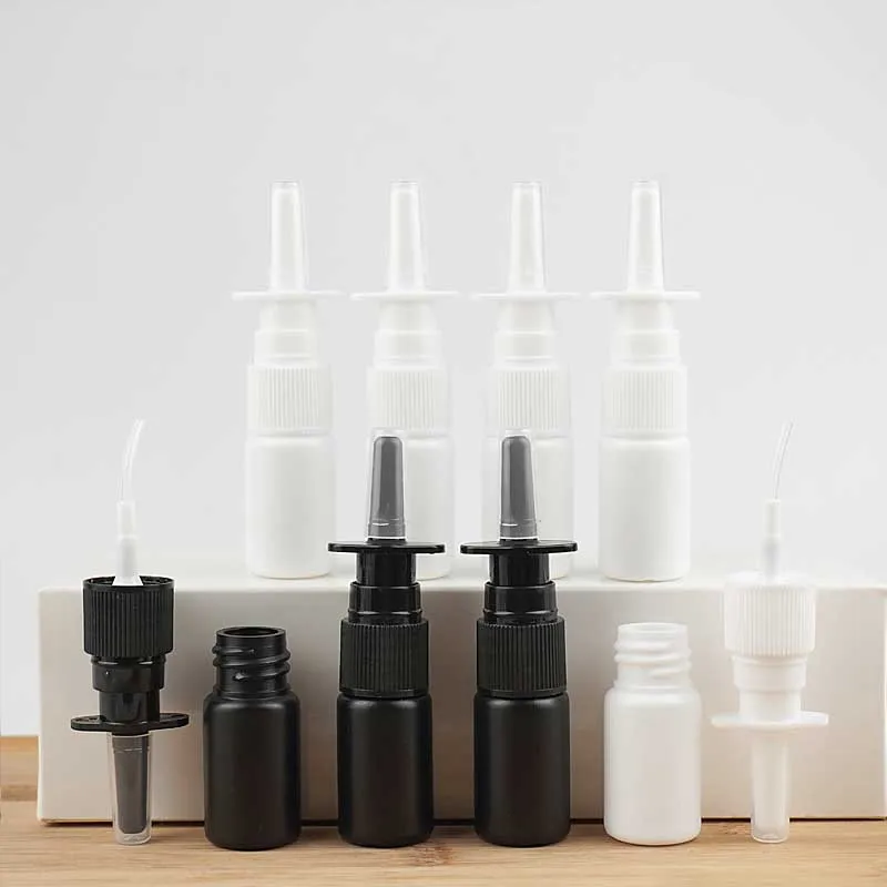 

20/50/100 шт. 10 мл черные флаконы-спреи для носа из HDPE с мелкодисперсным черным распылителем, 0,34 унции, пустые флаконы для лекарств, белые флаконы-спреи для носа с мелким распылением