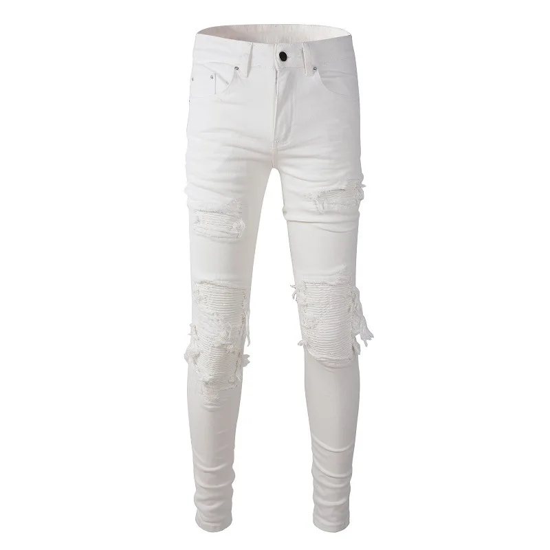 Sokotoo Men's white stretch ripped biker jeans Slim skinny pleated patchwork denim pants