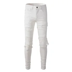 Sokotoo männer weiß stretch ripped biker jeans Dünne dünne plissee patchwork denim hosen