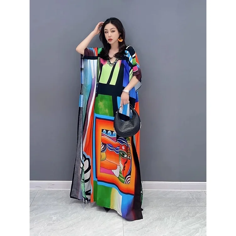 Women's V-neck Contrast Swimsuit Cover Ups Plus Size Kaftan Robe Dress Boho Maxi Dress