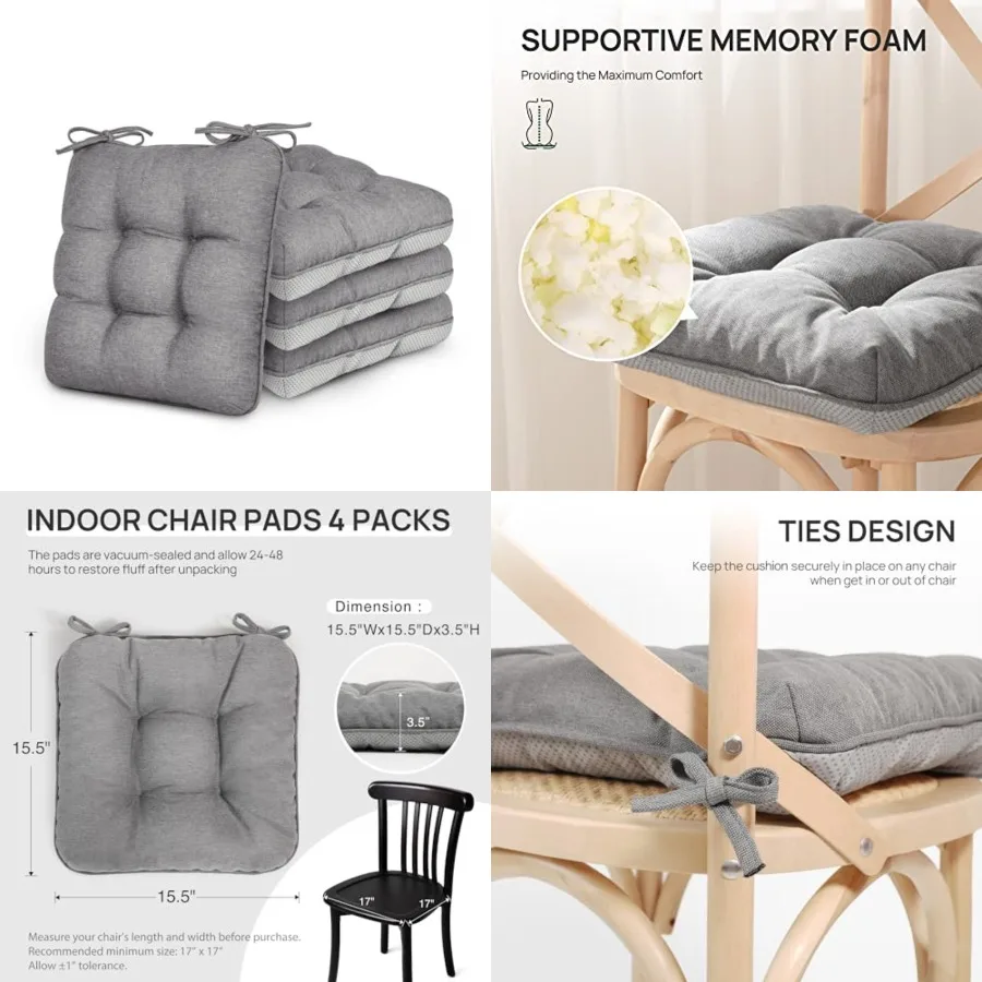 

Memory Foam Chair Cushions Set of 4, 15.5"x15.5"x3.5" Indoor & Outdoor Seat Pads for Dining, Kitchen, Office, Patio Chairs - Grey