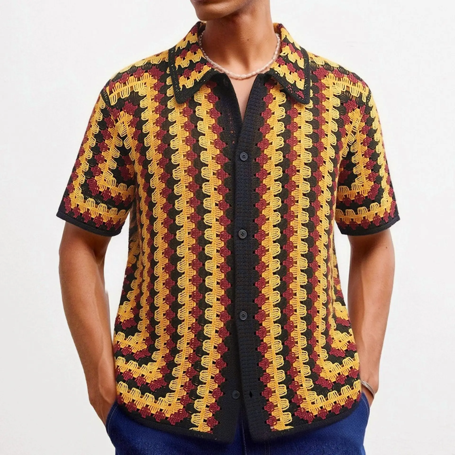 Vintage Summer Fashion Men Color-coded Striped Loose Short Sleeve Turn-down Collar Simple Basic Casual Trendy Polo Shirts Male