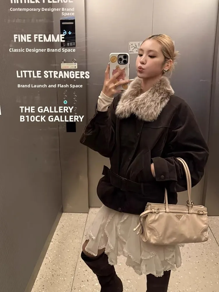 

Американское ретро ort Jaet, женское зимнее новое пальто с меховым воротником и завязкой на талии, теплый длинный топ из полиэфирного волокна