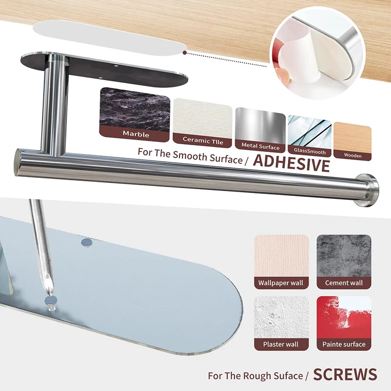 Paper Towel Holder Under Cabinet Wall Mount for Kitchen Towel, Self-Adhesive Bar, Rack, SUS304 Stainless Steel 13 inch